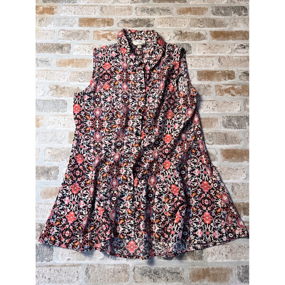 Beige by ECI Medallion Paisley Sleeveless Button Down Blouse Pink Orange Size M